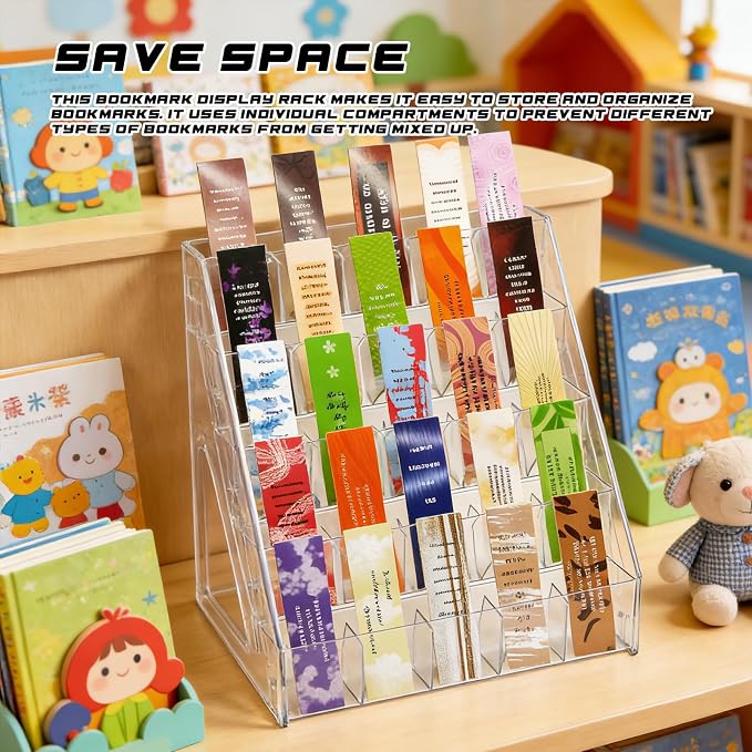 5 Tier Acrylic Bookmark Display Stand for Vendors, 25 Pockets Portable Sticker Holder Greeting Card Display for Business Vendor, Retail Store Shop