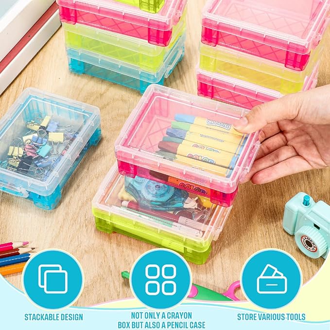 Suzile 25 Pcs Plastic Crayon Boxes with Snap Lids Crayon Storage Organizer Stackable Container Bulk Pencil Case for Pen Crafts Classroom Supplies(Red, Blue, Green)