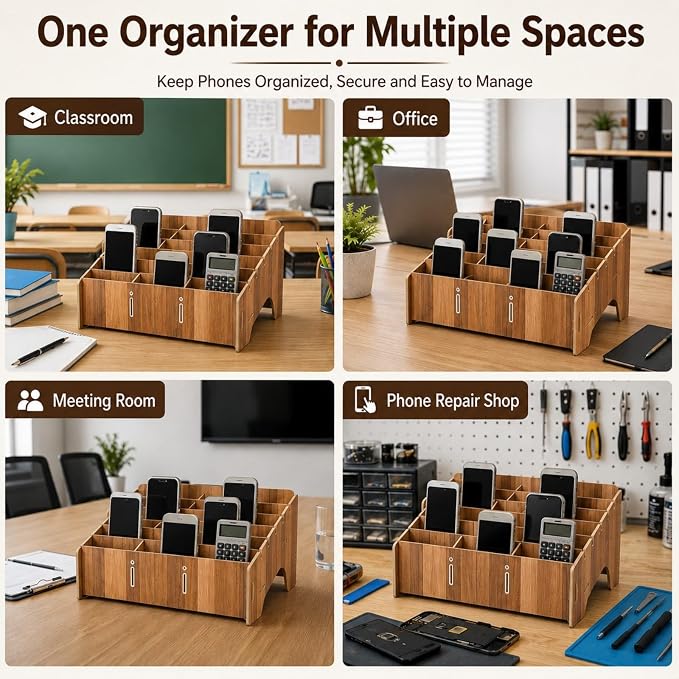 XICHENGSHIDAI 24 Slots Cell Phone Holder for Classroom, Wood-Look Phone Storage Box and Calculator Organizer for Teachers, School, Office and Meeting Room, Caddy and Ink Pad Organizer, Brown