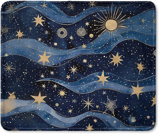 Fantasy Starry Night Sky Mouse Pad, Celestial Sun Star Galaxy Gifts for Women, Blue and Gold Galaxy Mouse Pad for Home Office Computer Gaming Desk Essentials, 9.5x7.9 Inch