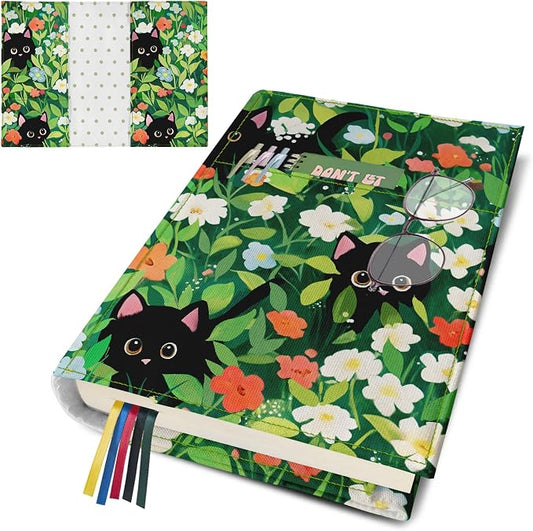 Cute Cat Floral Book Cover Protector, Adjustable Soft Canvas Fabric Book Cover with Pocket Bookmark, Double Side Print Book Dust Jacket Covers for Hardcover Bible Book Lovers Gift