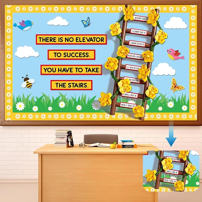 Spring Bulletin Board Decoration Set Back to School 3D Ladder Classroom Decorations Motivational Blue Sky White Clouds Summer Paper Cutouts for Home Nursery School Chalkboard Wall Party Supplies