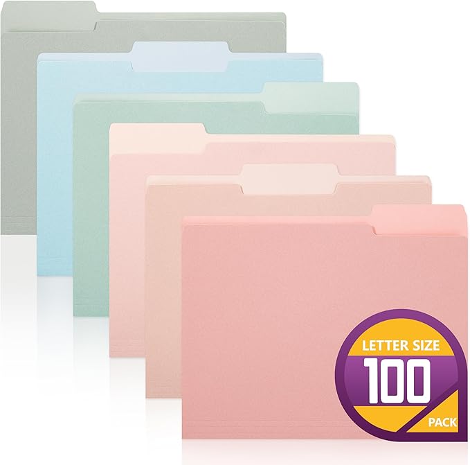 pmybupo100 Pack Colored File Folders 8.5x11,1/3-Cut Tab,Manila File Folders Letter Size,File Folders Office Organization Home School Folders for Documents Files Paper,6 Pastel Colors.