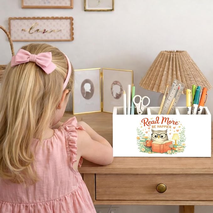 Reading Desk Organizer Wooden Pen Pencil Holder for Desk, 3 Compartments Office Accessories, Read More Be Happier Owl Decor, Book Lover Gifts for Women Teachers Home Office Storage