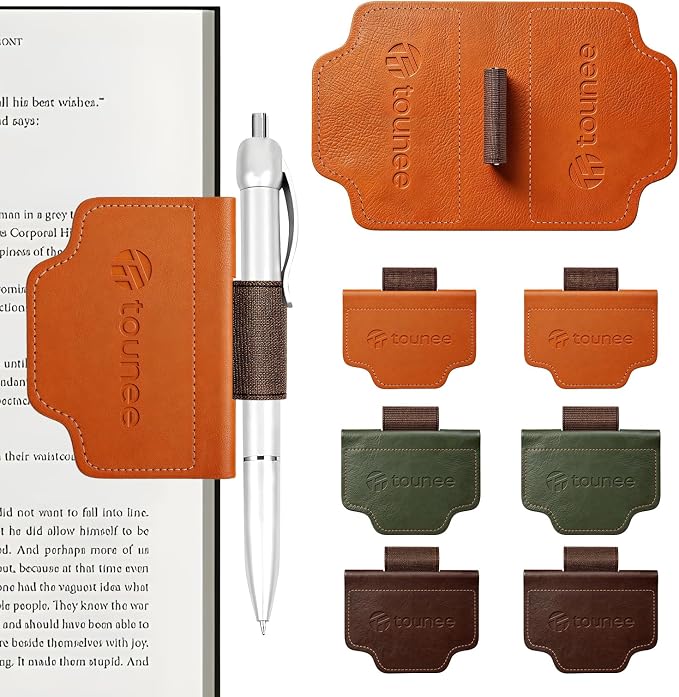 Tounee 6-Pack Magnetic Leather Bookmarks with Integrated Pen Holder, Essential Reading Accessories for Book Lovers & Avid Readers, Slim Page Markers for Bible Study, Journaling & Planners