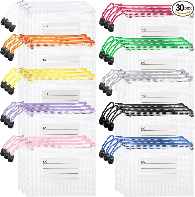 Hedume 30 Pcs 10 Colors Small Zipper Mesh Pouch with Label Pocket, A6 Size 6.3 x 4.7 Inches Waterproof Zip Mesh Bag, Plastic Meshs Zipper Pouch for School Office Supplies, Cosmetics Travel Accessories