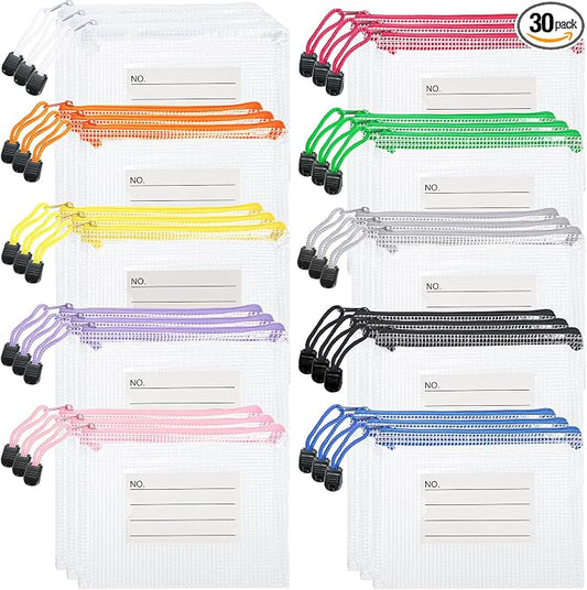 Hedume 30 Pcs 10 Colors Small Zipper Mesh Pouch with Label Pocket, A6 Size 6.3 x 4.7 Inches Waterproof Zip Mesh Bag, Plastic Meshs Zipper Pouch for School Office Supplies, Cosmetics Travel Accessories