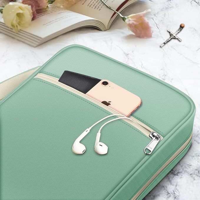 FINPAC Bible Cover, Carrying Book Case Church Bag Bible Protective with Handle and Zippered Pocket, Gift for Mother Lady Women Men, Light Green