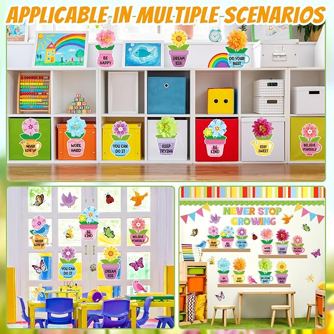 75 Pcs Spring Flower Bulletin Board Decorations Set 3D Flower Flowerpot Cutouts Decor Never Stop Growing Inspirational Bulletin Board Decoration for Classroom School Office Chalkboard Door Party Decor