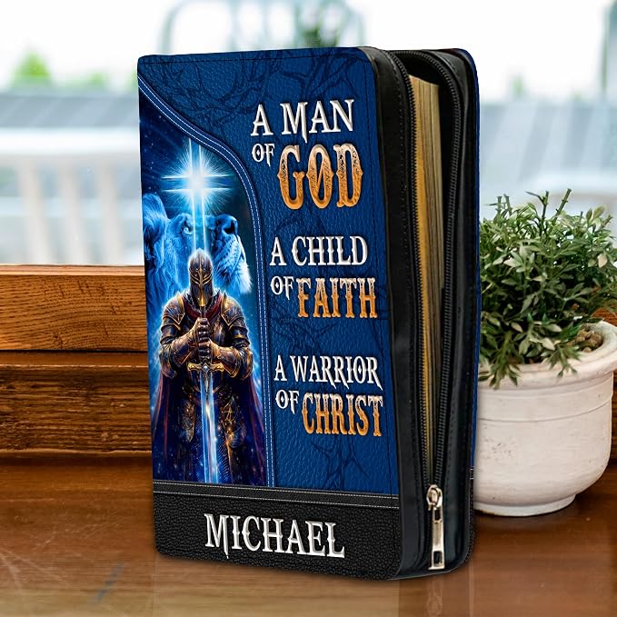 Personalized Man of God Bible Cover, God Says I Am Bible Case PU Leather, Bible Holder Handle Zipper, Faith Scripture with Name Case Bag, Religious Gifts for Church Christians Women Men (02)