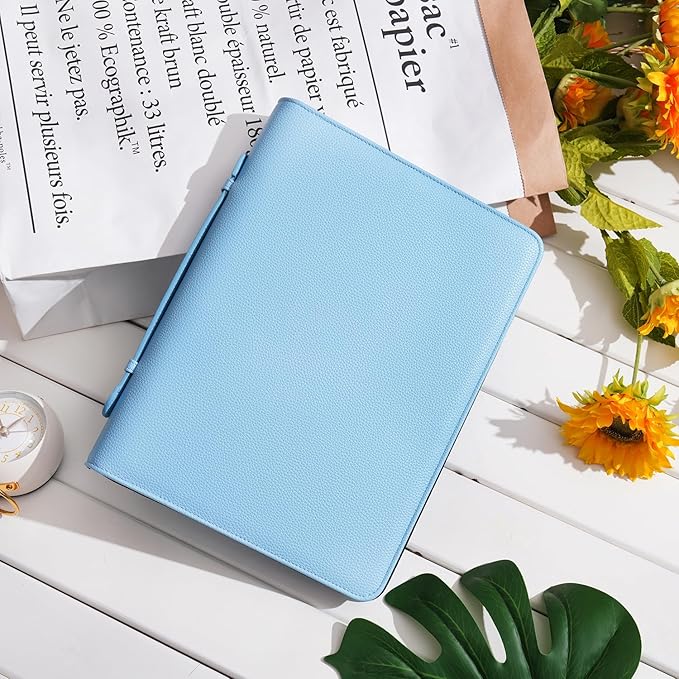 Wonderpool Travel Zippered Portfolio 3 Ring Binder A4 Padfolio Document Case with Removable Clipboard Legal Pad Holder, Business Office School Organizer for Men and Women (Light Blue)
