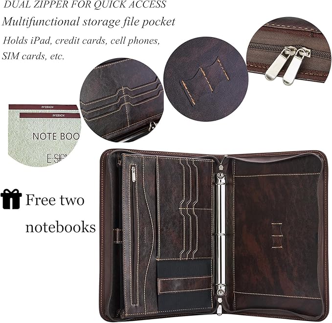 IVESIGN Zippered Padfolio Binder, Faux Leather Organizer with 3-Ring Binder, Left-Handed Design, Business Card Slots & Document Folders - Professional Padfolio for Office (Dark Brown)
