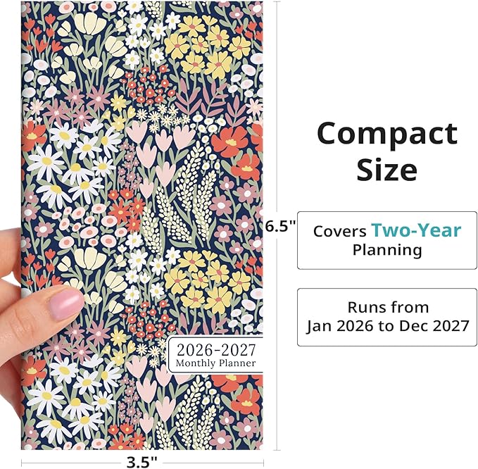 Pocket Calendar 2026-2027 for Purse, Two Year Monthly Planner Pocket Size, Jan 2026 to Dec 2027 Monthly Planner Small Size (6.5" x 3.5") - Petite Blooms