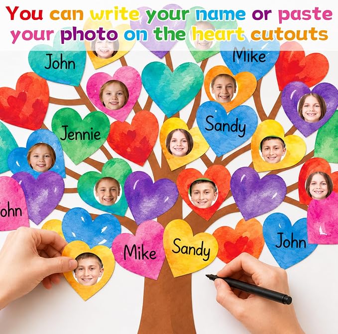 85pcs Classroom Tree Bulletin Board Heart DIY Photo Name Tags Cutouts Back to School Watercolor Accents You Belong Here Welcome Classroom Decor for Nursery Elementary Chalkboard Wall Decor（Watercolor）
