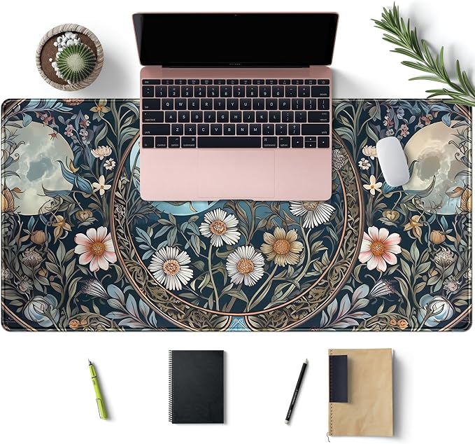 Tarot Triple Moon Desk Mat Retro Aesthetic Desk Pad Daisy Vintage Floral Extended Mouse Pad Large Gaming Mousepad XXL Laptop Computer Mouse Keyboard Mat 31.5 x 15.7 in for Office Desk Decor