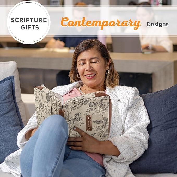Christian Art Gifts Women's Premium Natural Canvas Vegan Leather Fashion Bible Cover: Amazing Grace - Inspirational Scripture, Sturdy Protective Book Carry Case Accessory, Creamy Brown Floral, Large