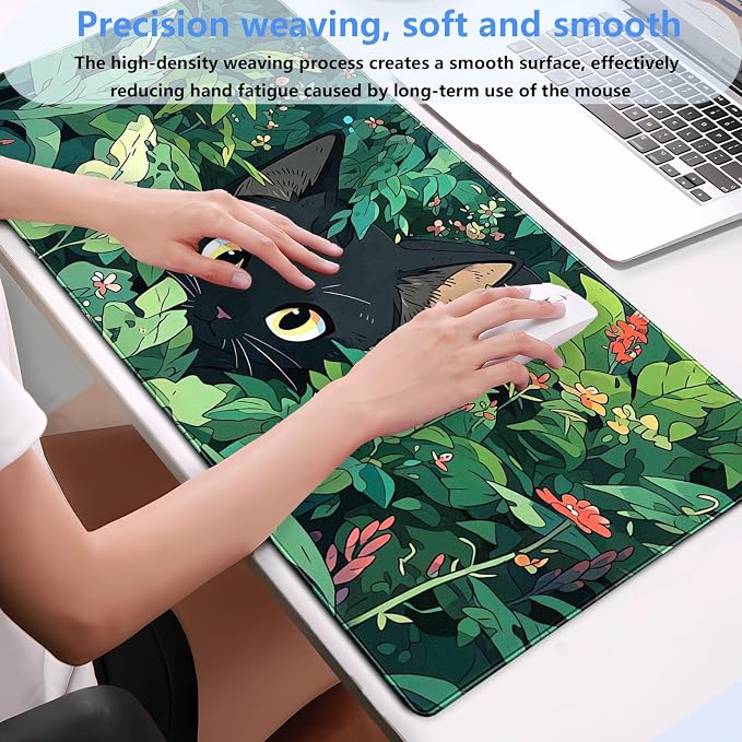 Black Cat Mouse Pad Green XL 31.5 x 15.7 in | Cute Gaming Mousepad, Kawaii Computer Mat, Full Desk Mouse and Keyboard Pad, Stitched Edge, Anti-Slip Washable