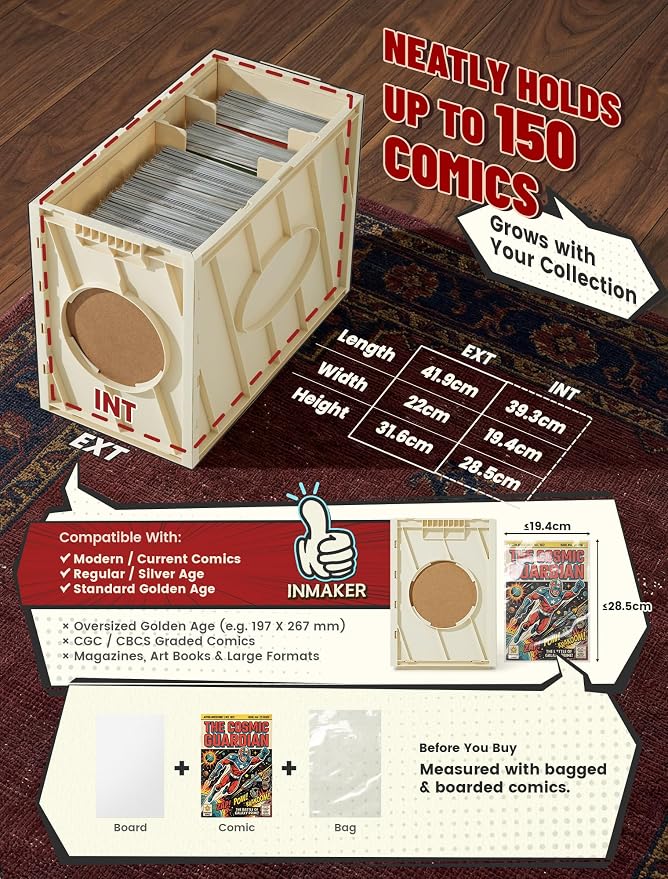 INMAKER Comic Book Storage Box, Holds Up to 150 Comics, Acid Free Plastic Book Bin with 2 Adjustable Dividers (Warm White)