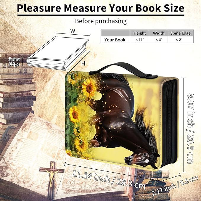 Bible Cover for Men Women,Large Leather Bible Case Fit Book Up to 11x8x2 Inch,Horse Run in the Sunflower Field Bible Covers Bible Study Carrier Church Bags w/Handle & Zipper