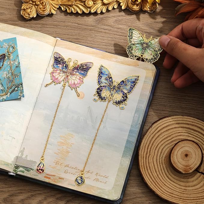 6 Pieces Metal Butterfly Bookmarks with Chain, Golden Hollow Bookmark Monet Oil Painting Theme Book Mark Bookmarks for Book Lovers Writers Readers Children Teens for Women