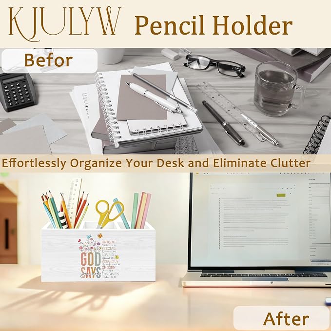 Boho Christian Pen Holder for Desk, God Says You Are Gifts for Women, Inspirational Religious Wooden Box Pencil Pen Holder Organizer for Home Office Desk Accessories