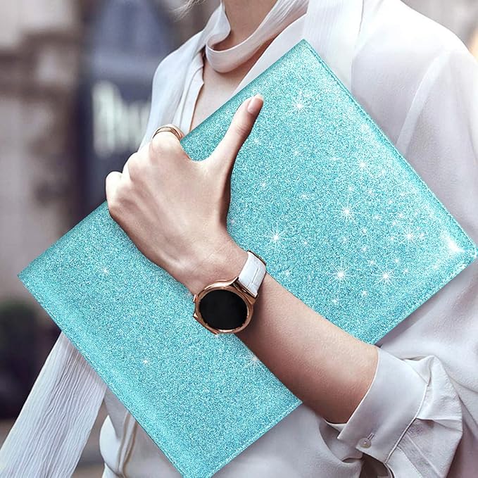 WAVEYU Glitter Portfolio Case for Women, Padfolio Cover for Women, Conference/Resume/Legal Document Organizer with Letter/A4 Size Clipboard Hardboard, Business Card Holders, Blue+Green