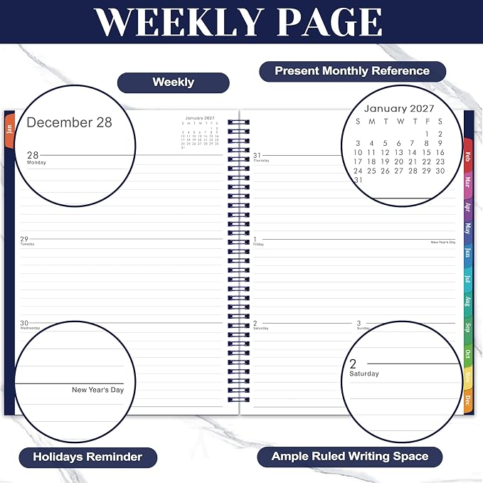 Vondafe 2027 Planner Weekly and Monthly - JAN 2027 - DEC 2027, 9"×11", Calendar Planner 2027, Weekly and Monthly Planner with Polypropylene Cover, Inner Pocket, Colorful Tabs & Thick Paper - Navy