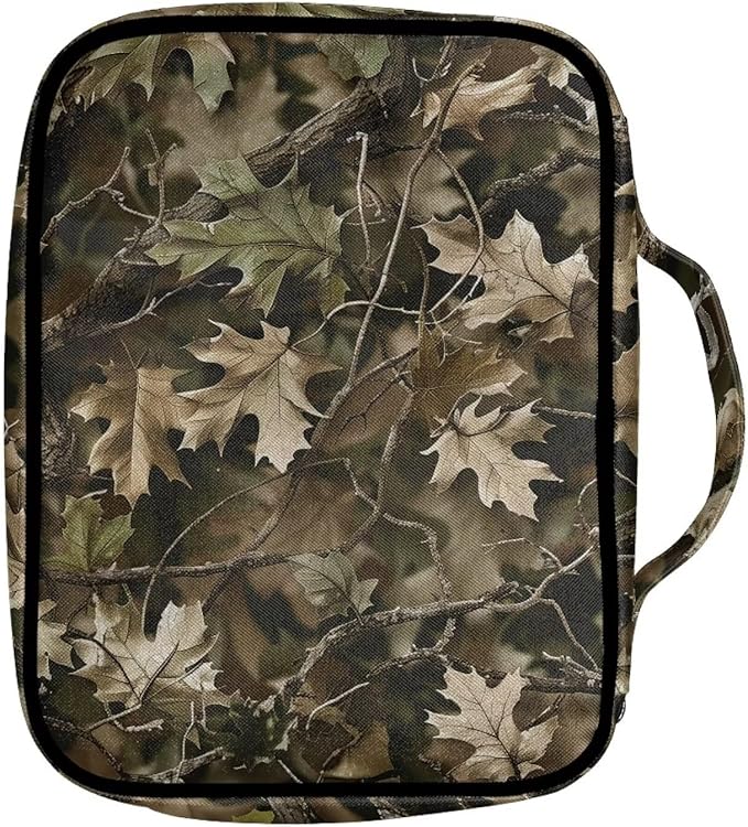 Suobstales Green Hunting Camo Print Bible Cover Carrying Book Case for Women Men Lightweight Bible Bag Bible Protective with Handle and Zippered Pocket