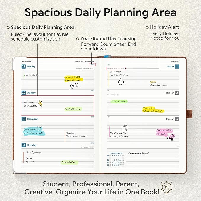 Planner 2026-2027 Weekly & Monthly Planner, 18 Month Academic Calendar July 2026 – Dec 2027, Horizontal Layout with Monthly Tabs, Hardcover Business Agenda Organizer, Brown