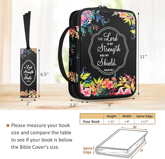 FINPAC Bible Cover, Carrying Book Case Church Bag Bible Protective with Handle and Zippered Pocket, Gift for Mother Lady Women Men, Floral Black