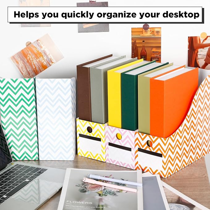 Jutom 32 Pcs Magazine File Holder Set Including Colored Foldable Desk File Holder Organizer White Label Stickers Cat Pen Cardboard Magazine Storage Box for Document School Office(Solid,Striped)