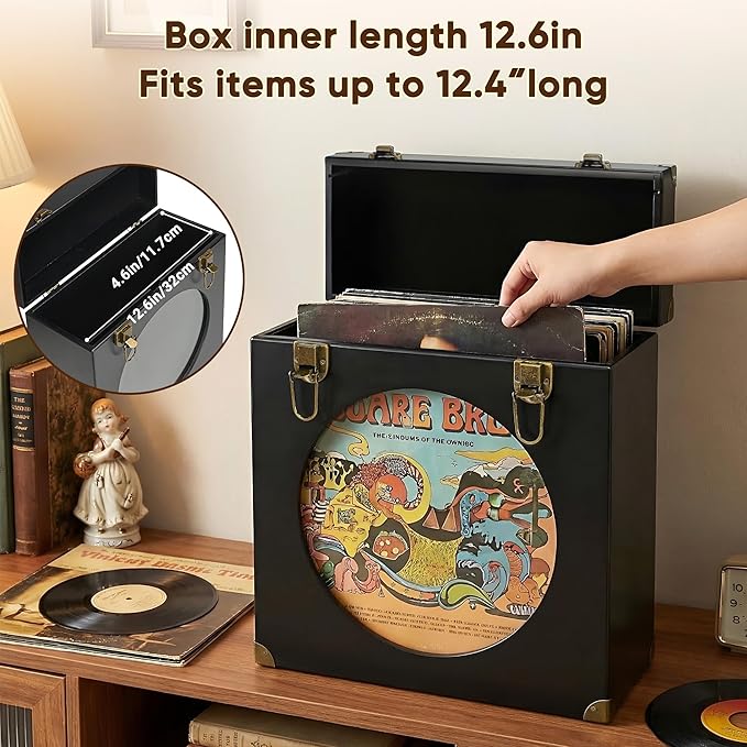 Solid Wood Vinyl Record Storage Box with Display Window - Holds 30 LPs, Acrylic Front, Leather Handle & Metal Lock for 12/10/7 Inch Records (Black)