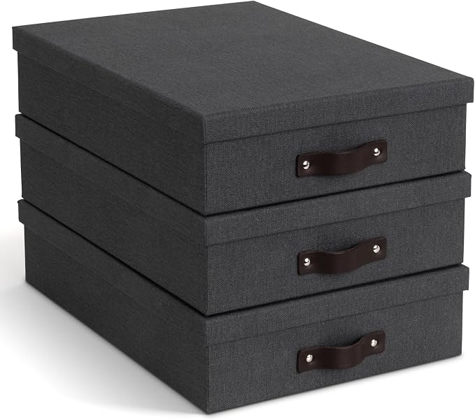 Bigso Oskar Canvas Fiberboard Document Letter Box for Important Paperwork A4 or Letter Size - Durable Keepsake Box with Lid and Leather Handle - 3.3in x 10.2in x 13.8in - Black - 3 Pack