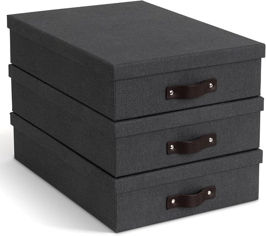 Bigso Oskar Canvas Fiberboard Document Letter Box for Important Paperwork A4 or Letter Size - Durable Keepsake Box with Lid and Leather Handle - 3.3in x 10.2in x 13.8in - Black - 3 Pack