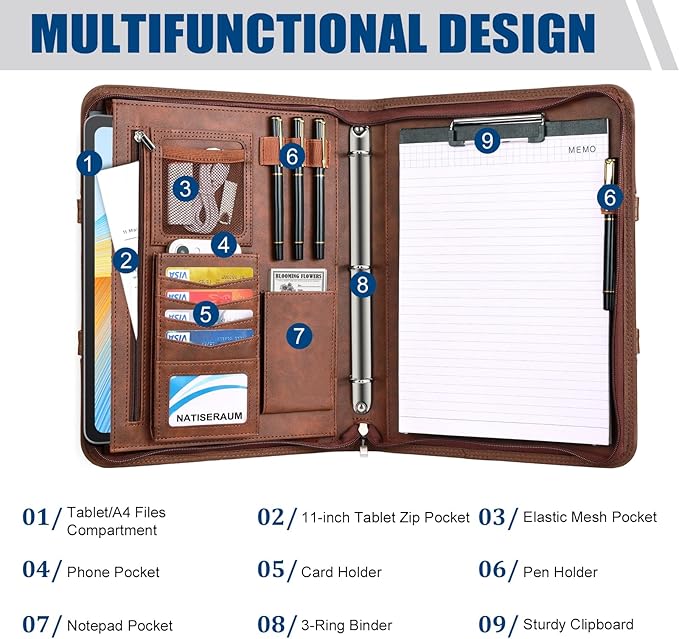 Padfolio Portfolio Binder with Handle, 3-Ring Folder Organizer, Vegan Leather Portfolio with Notepad Includes 5 Dividers with 10 Pockets for Documents Filesfor Documents Files and 1 Pen