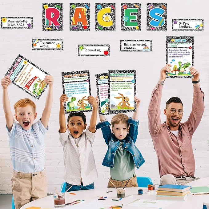 Outus 36 Pcs RACES Writing Strategy Bulletin Board Set, Alphabet Cutout Poster Sentence Starters Cards for Elementary School Classroom, Writing Display Wall Decoration Teacher Supply(Composition)