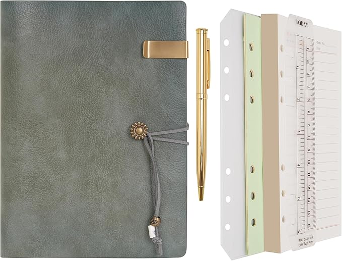 WONDERPOOL Leather Journal Lined Paper Notebook & Pen - Refillable 6 Ring Binder Writing Spiral Diary with Ruled Notepads Vintage Cover for Office Travel Work and Plan Agenda (a-Green, A5)
