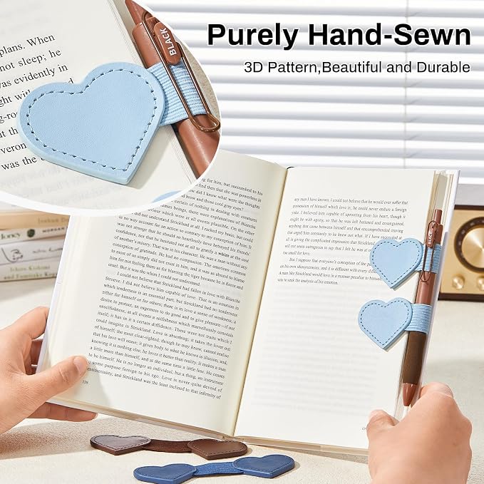 2Pcs Magnetic Leather Bookmarks with Gift Box, Heart-Shaped Magnetic Pen Holder Book Marks Clip Gift for Book Lover Readers Cute Bookmark for Women, Light Blue