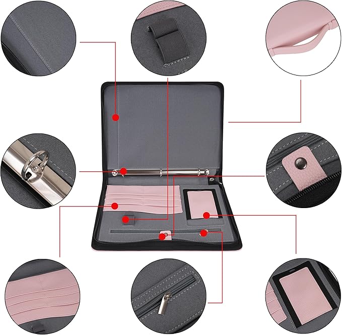 Wonderpool Travel Zippered Portfolio 3 Ring Binder A4 Padfolio Document Case with Removable Clipboard Legal Pad Holder, Business Office School Organizer for Men and Women (Pink)