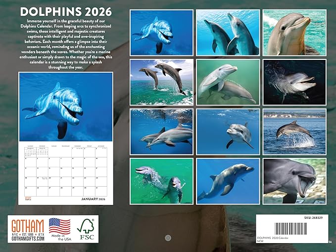Dolphin Calendar 2026 Monthly Wall Calender 12 Month | American Made In The USA