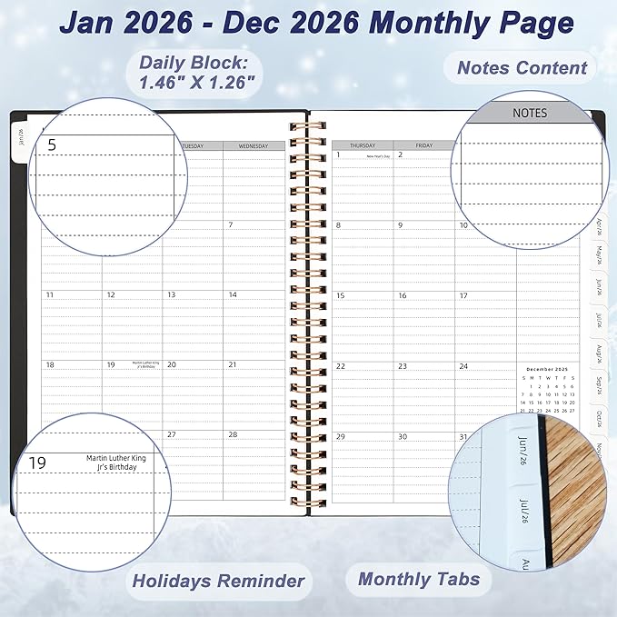 Daily Planner 2026, 2026 Planner Weekly and Monthly, Jan 2026-Dec 2026, 6.2" x 8.4", Agenda Day Planner with Tabs & Pocket, 100GSM Thick Paper, Black