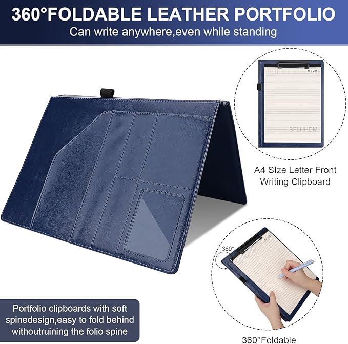 Clipboard Padfolio with Storage Pocket,Clipboard Folder Portfolio Organizer,360 Degree Foldable Clipboards with Refillable Notepad,Faux Leather Padfolio Organizer for Office School Supplies-Blue