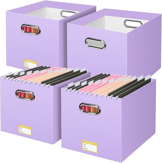 BALEINE File Organizer Box, Cardboard File Folder Organizer with Handle for Letter Size, Portable Collapsible Hanging Filing Box for Home Office Document Storage (4 Pack, Large Lavender)