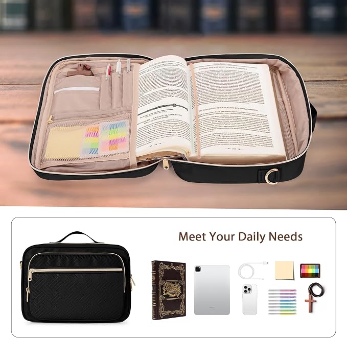 Bible Cover Case for Women, Large Bible Church Bag with Strap, Bible Carrying Case Book Protector with Handle, Black(Empty Bag Only)