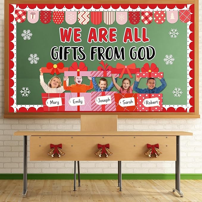 Christmas Bulletin Board Decoration Set Christmas WE are All Gifts from God Classroom Bulletin Board Decor DIY Photo Religious Christian Xmas Gift Boxes Name Labels Cutouts for School Chalkboard Wall