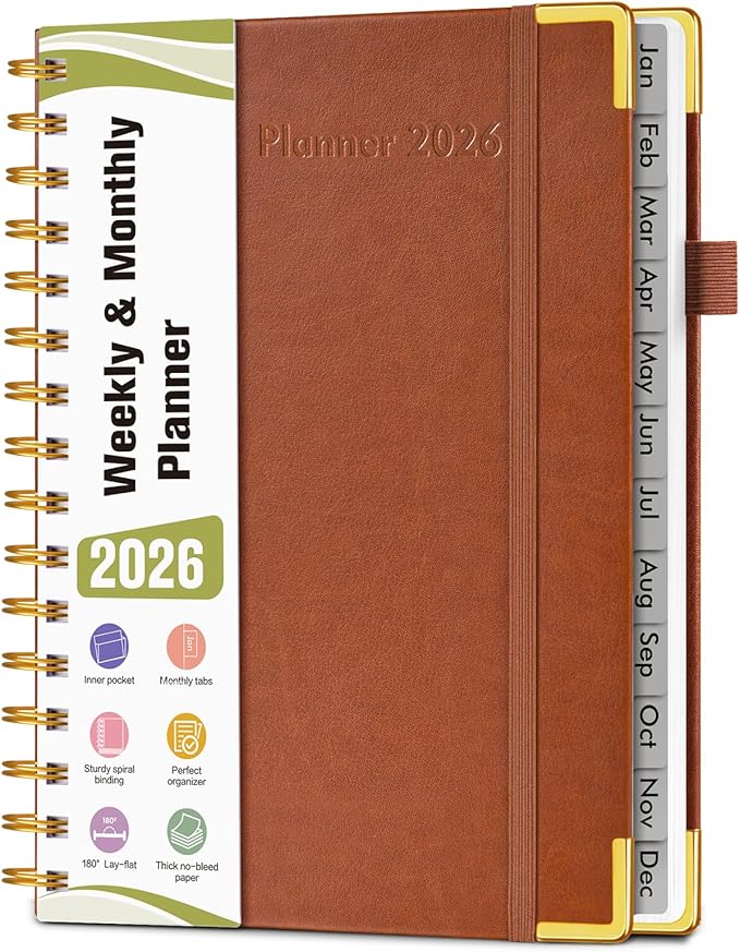 2026 Planner, Hardcover Leather Weekly and Monthly Planner, January 2026 - December 2026, Spiral Yearly Agenda Organizer Book 2026 with Tabs, Daily Calendar Planners for School Work Home, A5 (5.75" x 8.38"), Brown