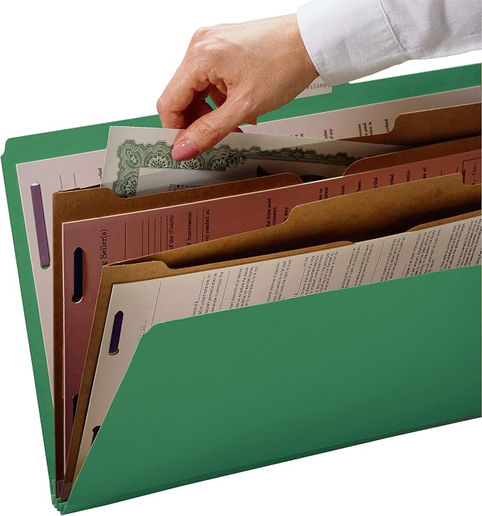 Smead Pressboard Classification File Folder with SafeSHIELD Fasteners, 2 Pocket Dividers, 2" Expansion, Letter Size, Green, 10 per Box (14083)