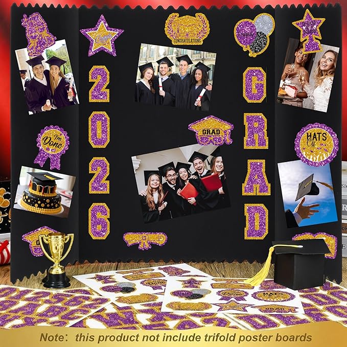 AmazingSpark 4 Sets Graduation Photo Display Board Trifold Poster Board with 12 Graduation Themed Stickers for 2026 Grad Party Decoration Picture Collage Frame Supplies (24 x 16,Purple Gold)