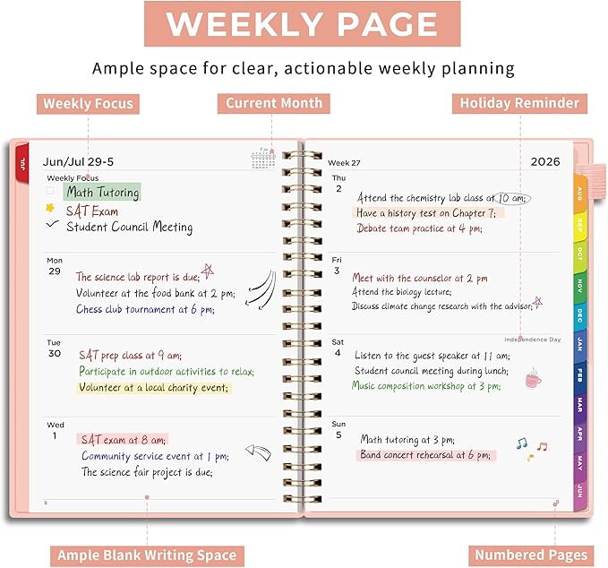 EMSHOI Academic Planner 2026-2027, Large A4 8.5x11, Weekly and Monthly Calendar (July 2026-June 2027), School Student Teacher Agenda Book, 100GSM Thick Paper, PVC Cover, Colorful Tabs, Pink