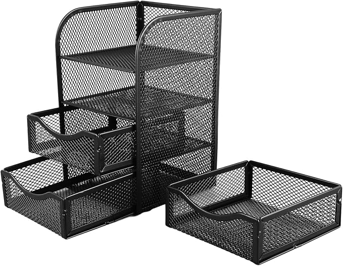 Desk Organizer with 3 Drawers Metal Mesh Slip Desktop Organizer for Office Supplies Stationery Black Office Products Desk Accessories Organizers Desk Supplies Holders